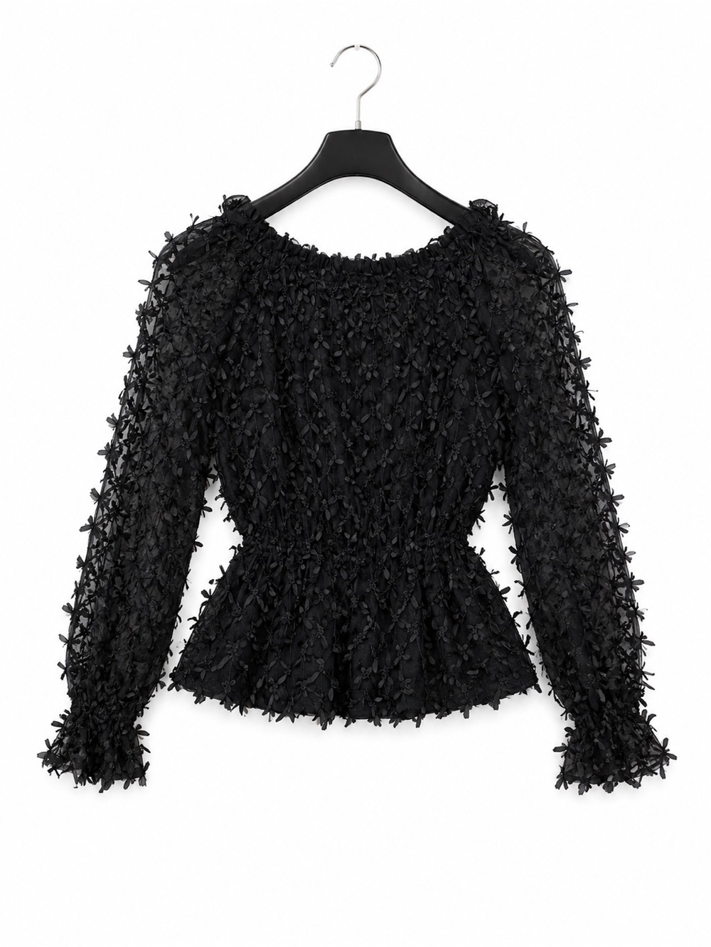 Debbie Shuchat Women’s M Black Sheer Mesh Bow Applique Peplum Blouse
